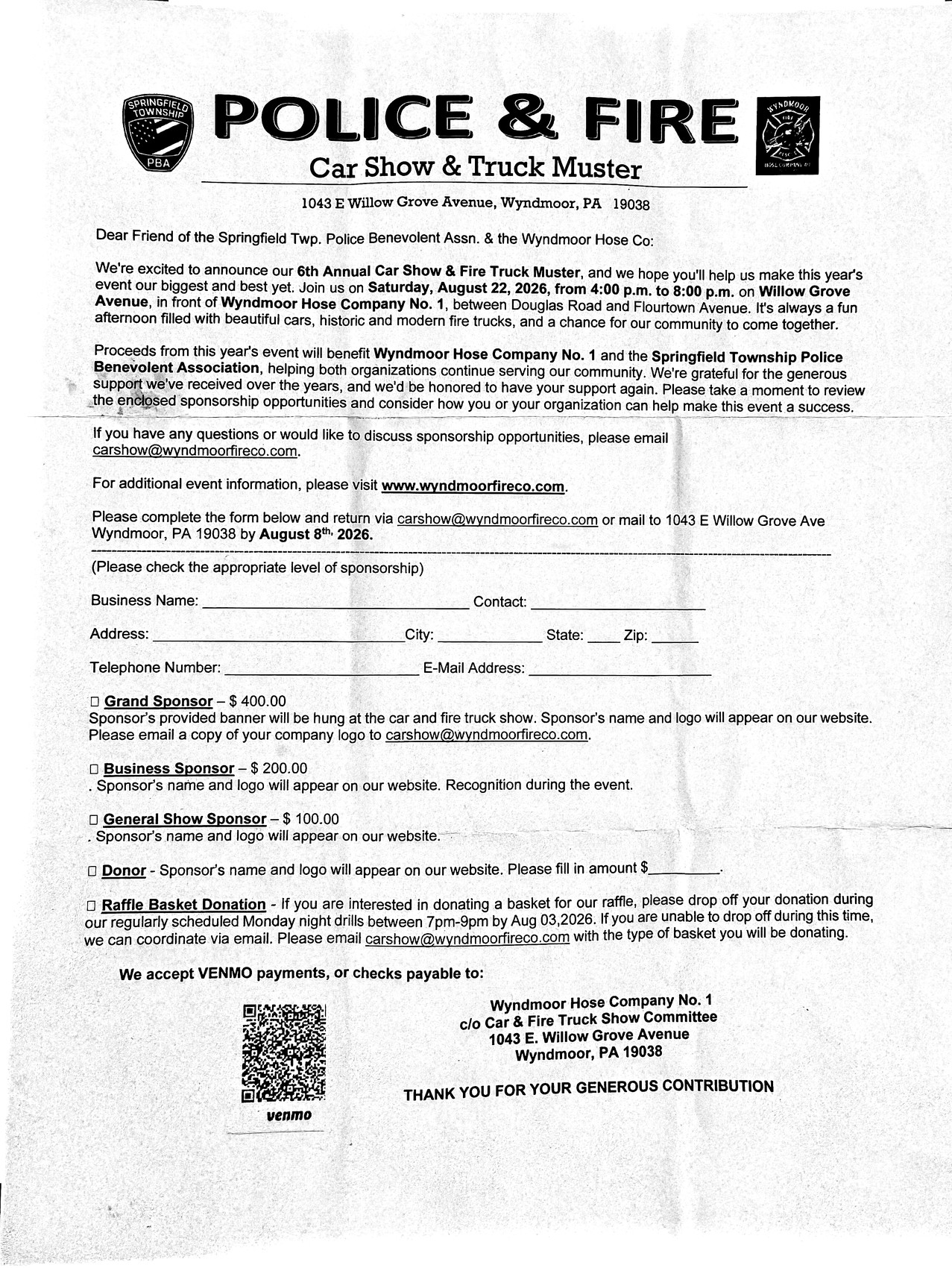 2026 Police & Fire Car Show and Truck Muster sponsorship letter from Wyndmoor Hose Company No. 1 and the Springfield Township PBA, listing the Grand, Business, General Show, Donor and Raffle Basket levels, with a return deadline of August 8, 2026.